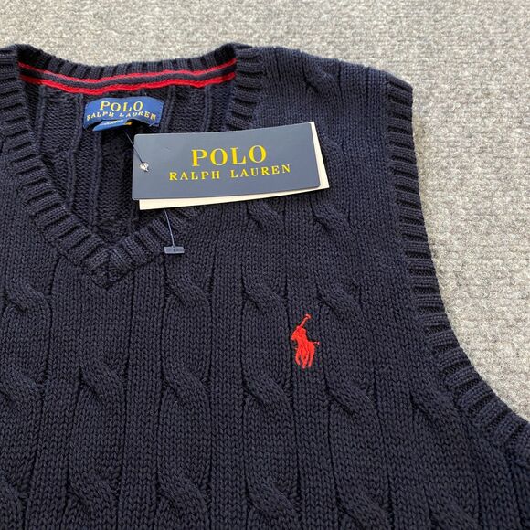 Polo Ralph Lauren Cable Knit V-Neck Sweater Vest Youth Boys 6 Navy Blue Red Pony - Picture 3 of 14